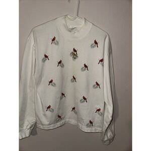 Artisans T Shirt Women's Large L Red Green Cardinal Birds Long Sleeve Mock Neck